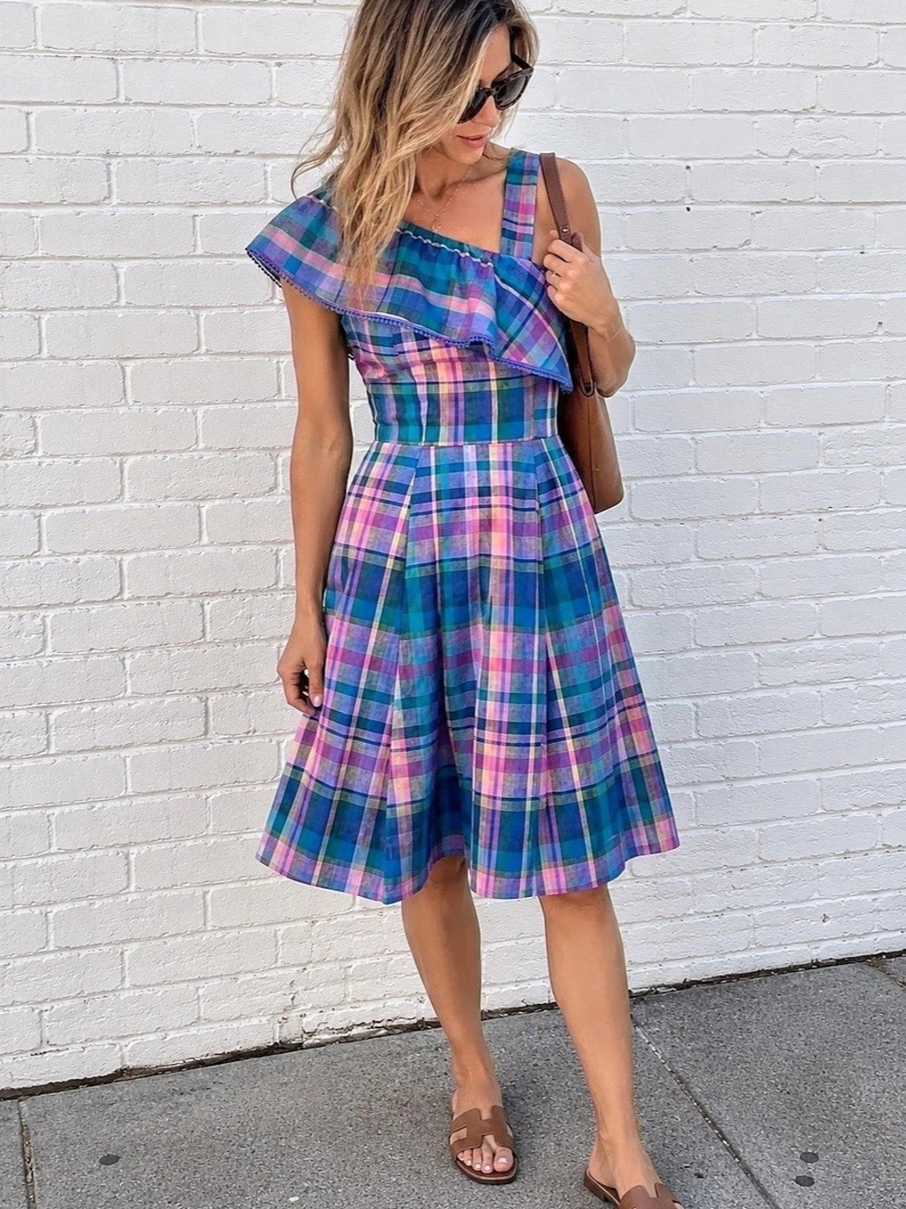 Isaac Mizrahi Plaid Madras Midi Dress in Blue & Pink Size 6 Like New